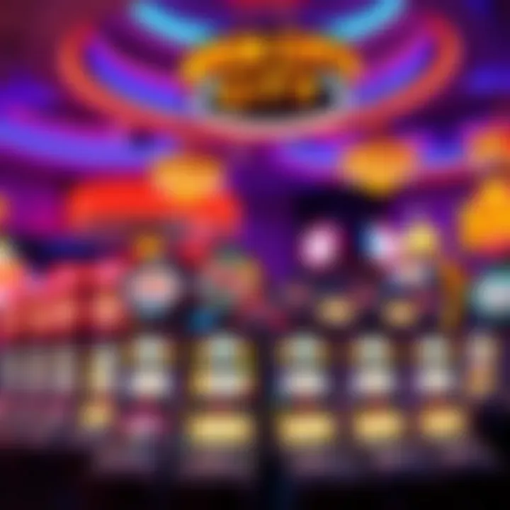 A vibrant display of casino slot machines with bright lights