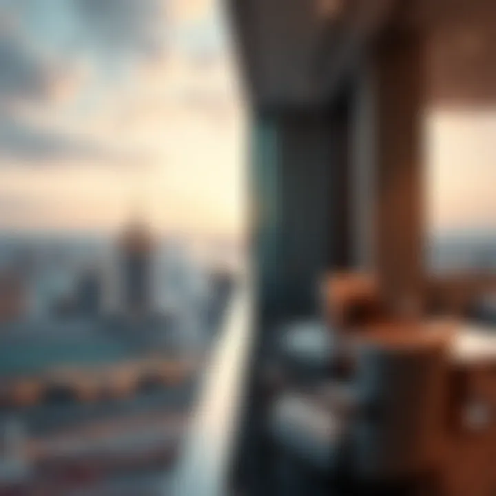Luxurious hotel balcony with city skyline view
