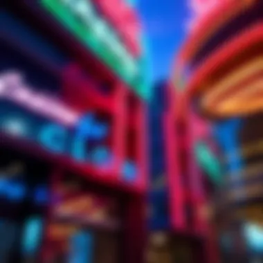 Casino facade with neon lights reflecting urban architecture