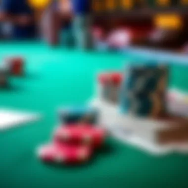 Close-up of poker chips and playing cards elegantly arranged on a gaming table