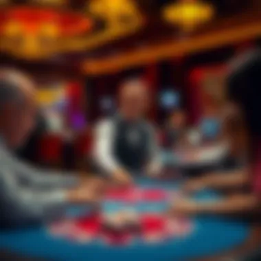 A dealer engaging with players at a poker table, illustrating interactive gaming