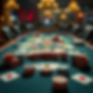 An intricate blackjack table setup with cards and chips