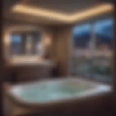 Night view of a hotel room with a deep soaking tub