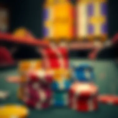 A close-up of colorful poker chips stacked on a felt table, representing the financial aspects of gambling.