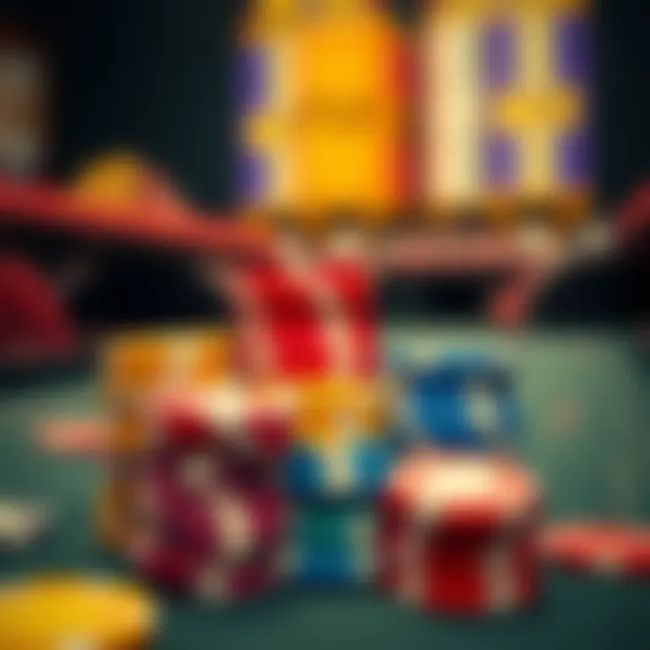 A close-up of colorful poker chips stacked on a felt table, representing the financial aspects of gambling.