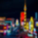 A panoramic view of the Las Vegas Strip at night, showcasing vibrant neon lights and bustling casinos.