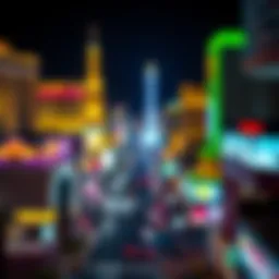 A panoramic view of the Las Vegas Strip at night, showcasing vibrant lights and famous casinos.