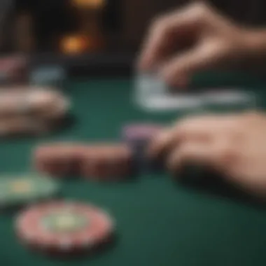 A close-up of poker chips and a focused player making a decision