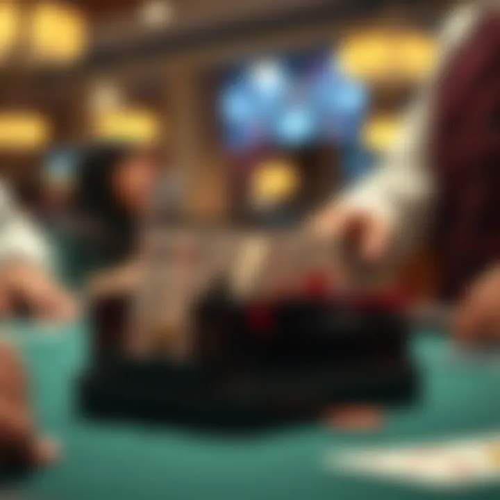 A close-up view of a mechanical shuffler in action during a poker game