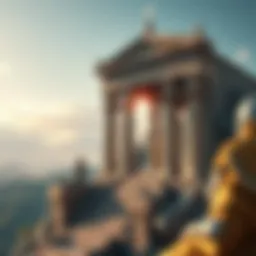 A mythical landscape inspired by Greek architecture and deities