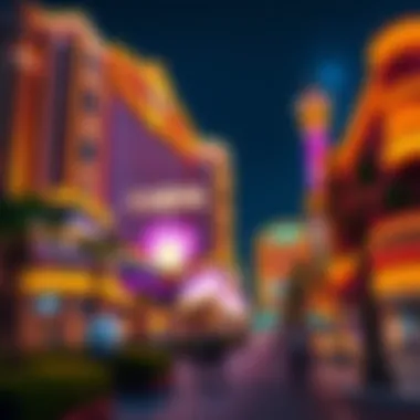 Illuminated exterior of a prominent Las Vegas casino at night