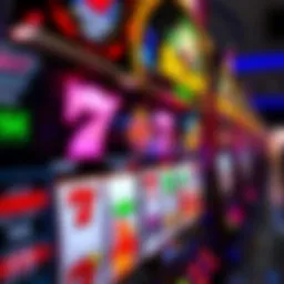 Close-up of a slot machine display showcasing vibrant symbols and spinning reels