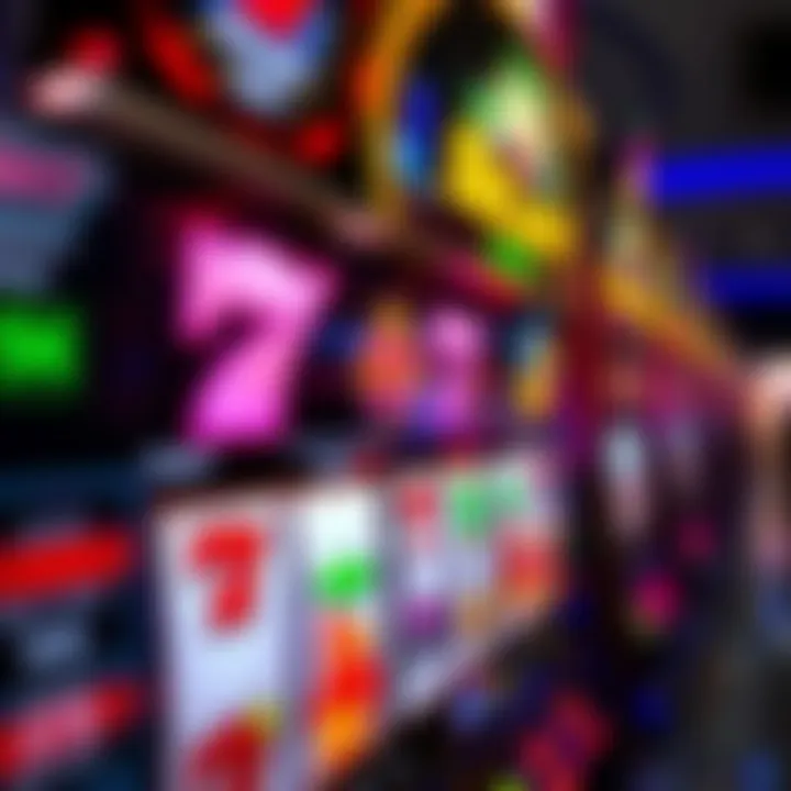 Close-up of a slot machine display showcasing vibrant symbols and spinning reels
