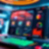 A futuristic online gaming interface displaying various game options and player statistics.