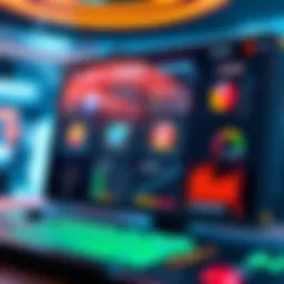 A futuristic online gaming interface displaying various game options and player statistics.