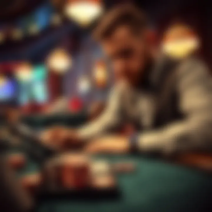 Strategic Analysis in Action A player analyzing poker odds with a hand calculator at a table