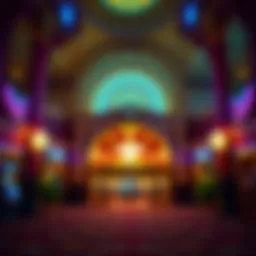An ornate casino entrance showcasing vibrant lights and architecture