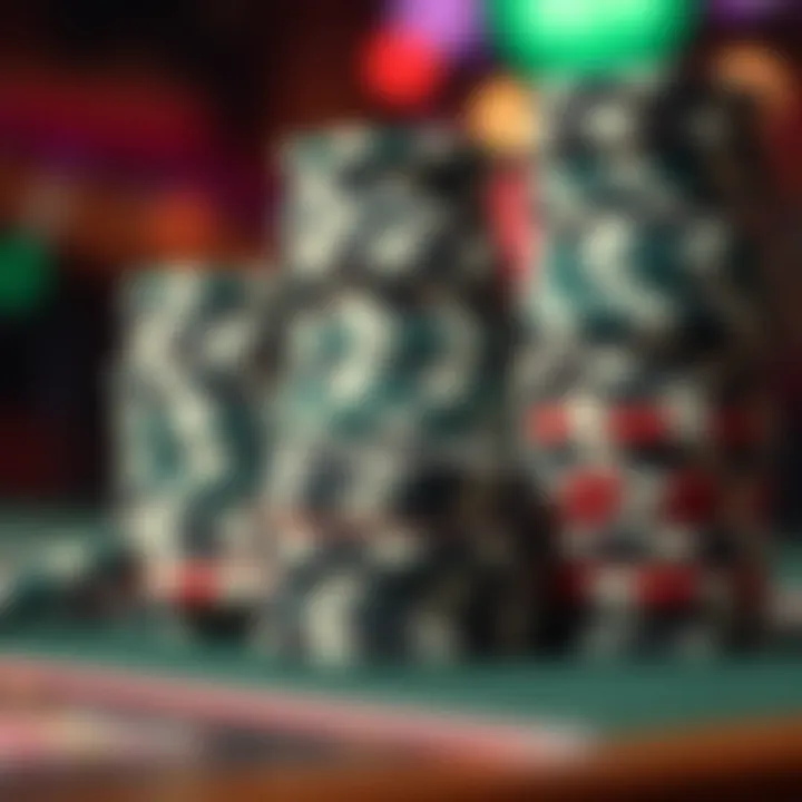 High Stakes Poker Chips Close-up of poker chips stacked high, symbolizing significant financial stakes