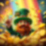 Illustration of a vibrant leprechaun surrounded by gold coins and a rainbow